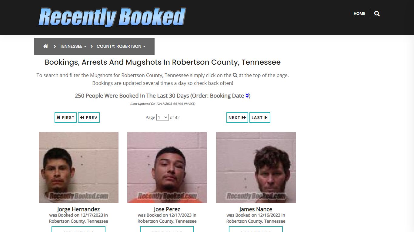 Bookings, Arrests and Mugshots in Robertson County, Tennessee